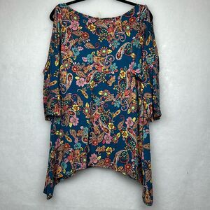 Cable & Gauge Womens Top Multicolor Paisley Boat Neck Split 3/4 Sleeve Sz XL